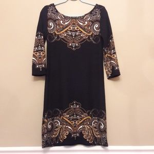 Blooming Rose Black Yellow Paisley Midi Dress, Medium, Scoop Neck